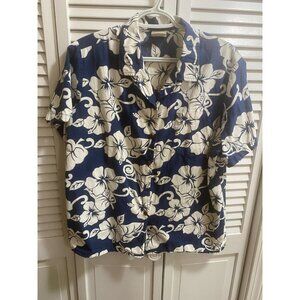 Women's Go Barefoot Hawaiian Shirt XL – Blue & White Hibiscus Print READ